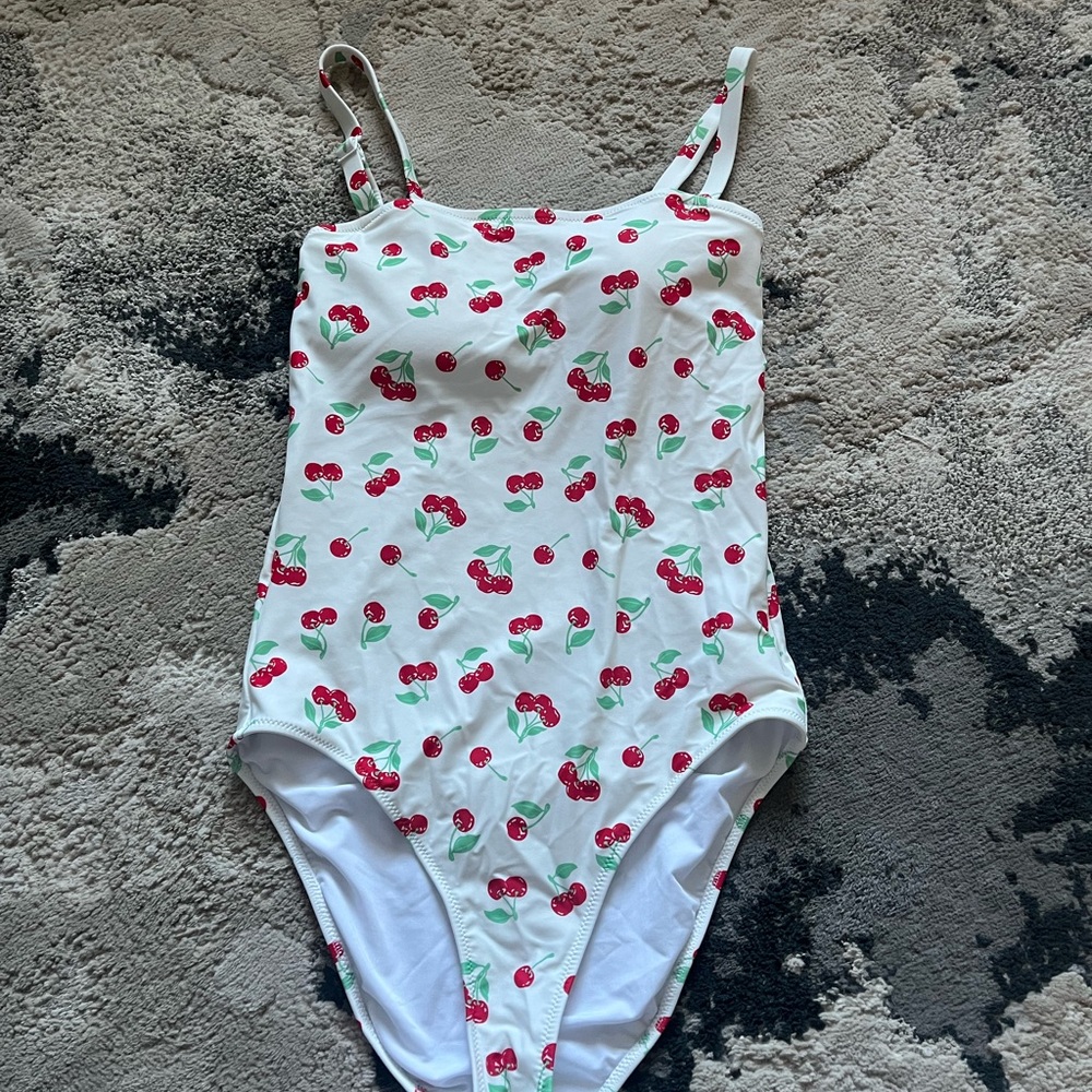aerie White One-Piece Swimsuit with Red Cherry Print